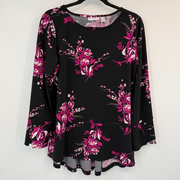 Susan Graver Tops - Susan Graver Black Pink Floral Liquid Knit Peplum Back Tunic Top Small Feminine